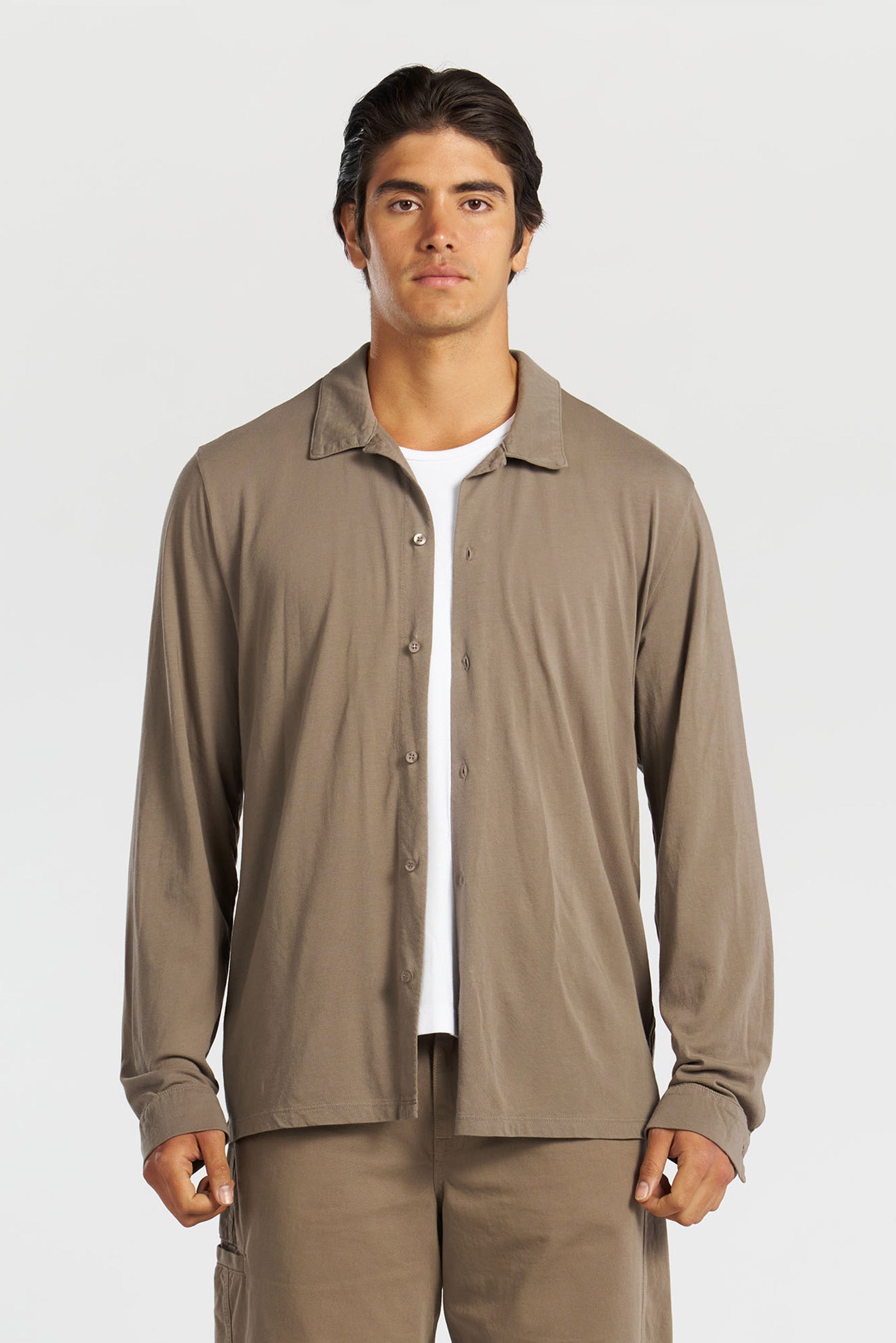 PRY Super100's Button-front Shirt【taupe】 Classic Supima Jersey Buttondown | Soft Cotton Shirt – Cotton Citizen