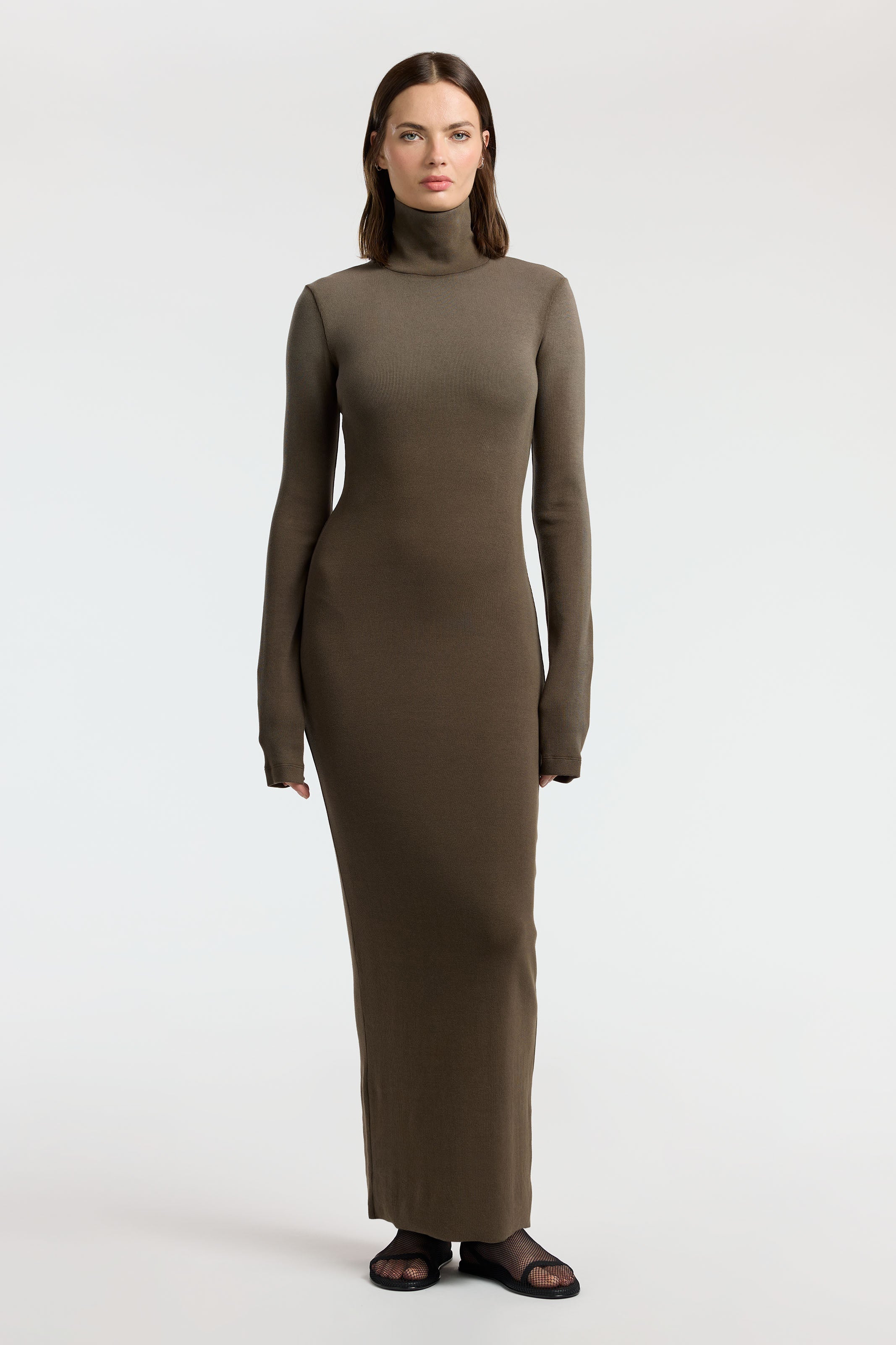 turtleneck cotton dress Verona Maxi M / Fossil Cast solid brown dress long sleeves Harley Quinn club dress Material:Silk Faille